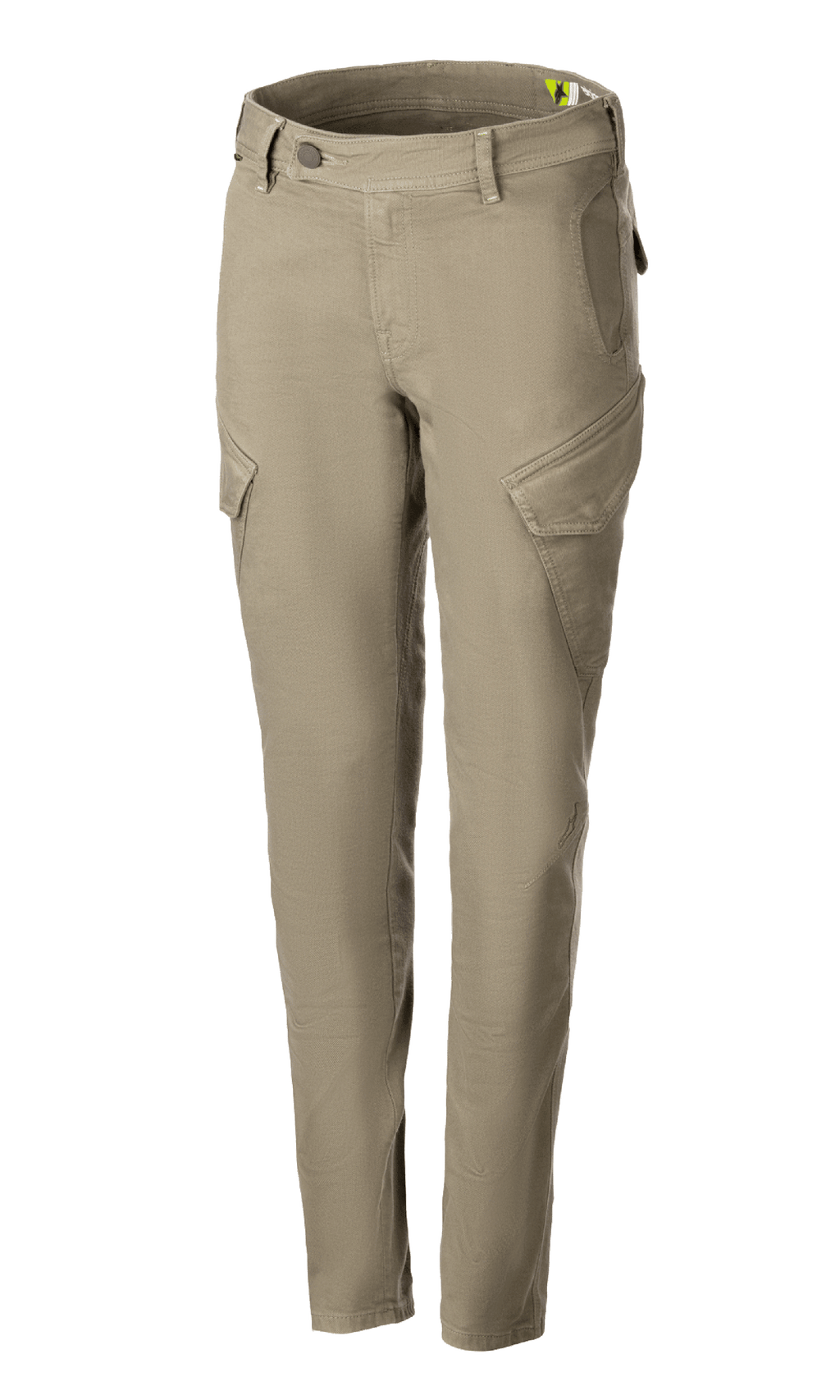 Alpinestars Caliber Women's Tech Riding Denim, Motorcycle Riding Pants, Military Green, combat style featuring angled cargo pockets, slim tapered fit, belt loops, button and zipper closure, durable stretch Cordura fabric for urban riding