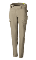 Alpinestars Caliber Women's Tech Riding Denim, Motorcycle Riding Pants, Military Green, combat style featuring angled cargo pockets, slim tapered fit, belt loops, button and zipper closure, durable stretch Cordura fabric for urban riding