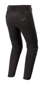 Alpinestars Banshee Women's Leggings, Black Motorcycle Riding Leggings, rear view featuring figure-hugging fit, back pockets with Alpinestars logo, anatomical stretch fabric for urban road use