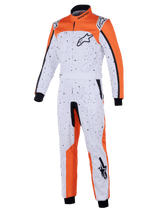Alpinestars KMX-9 V3 Graphic 6 Suit, Karting Suit, White Orange and Black, featuring a black splatter pattern, Astar logos on chest and leg, knitted cuffs and adjustable waist belt, designed for kart racing protection