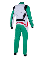 Alpinestars Youth KMX-9 V3 Graphic 6 Suit, Karting Suit, White Green and Red, back view, featuring green sleeves and pants, white upper back with black speckled graphics, red Alpinestars branding across the waist, black logo on the shoulder, professional karting apparel