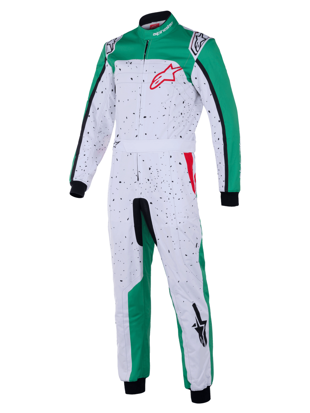 Alpinestars Youth KMX-9 V3 Graphic 6 Suit, Karting Racing Suit, White Green and Red, featuring a black speckled pattern on a white base, green panels, integrated waist belt, black cuffs, and red logo accents, youth motorsport apparel