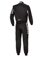 Alpinestars GP Race V3 Suit FIA, Rear view of a black one-piece auto racing suit with silver accents on the sleeves and legs, featuring a white Alpinestars logo on the lower back, FIA-certified professional motorsport gear.