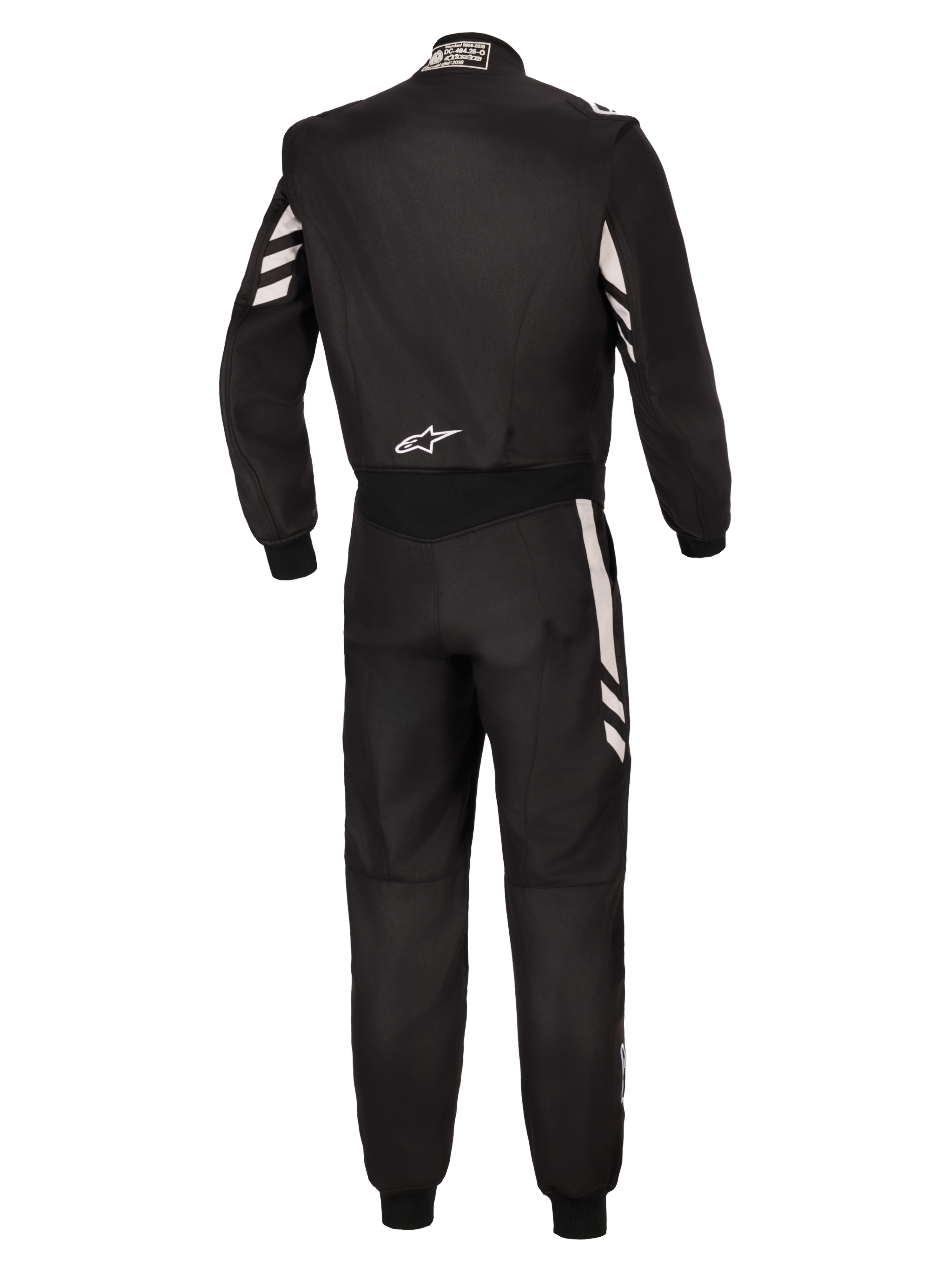Alpinestars GP Race V3 Suit FIA, Rear view of a black one-piece auto racing suit with silver accents on the sleeves and legs, featuring a white Alpinestars logo on the lower back, FIA-certified professional motorsport gear.