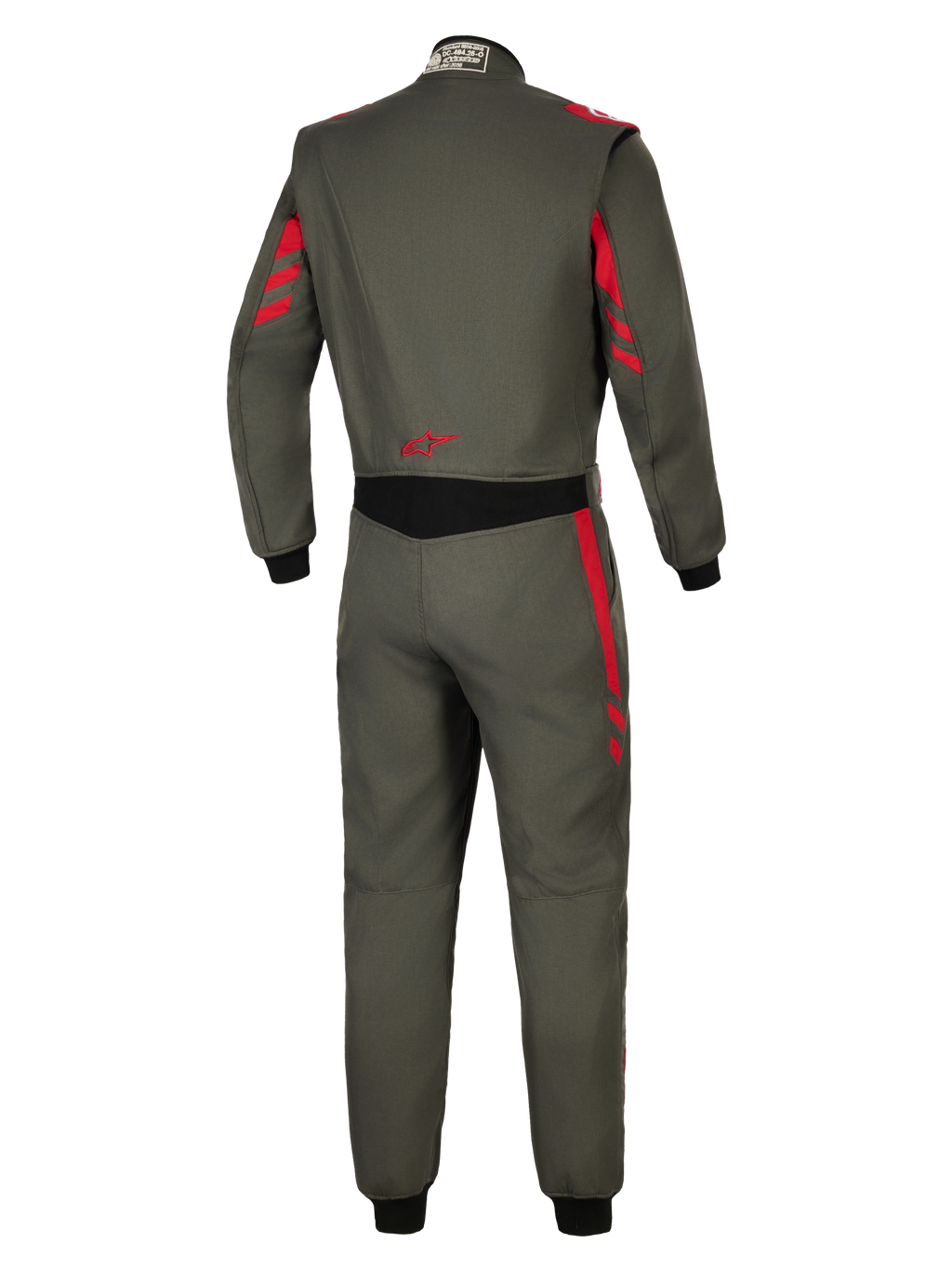 Alpinestars GP Race V3 Suit FIA, Auto Racing Suit, Anthracite Red, back view featuring dark grey textile with red stripe accents on shoulders and sleeves, black stretch panel at the waist, red star logo on the lower back, professional motorsport protection