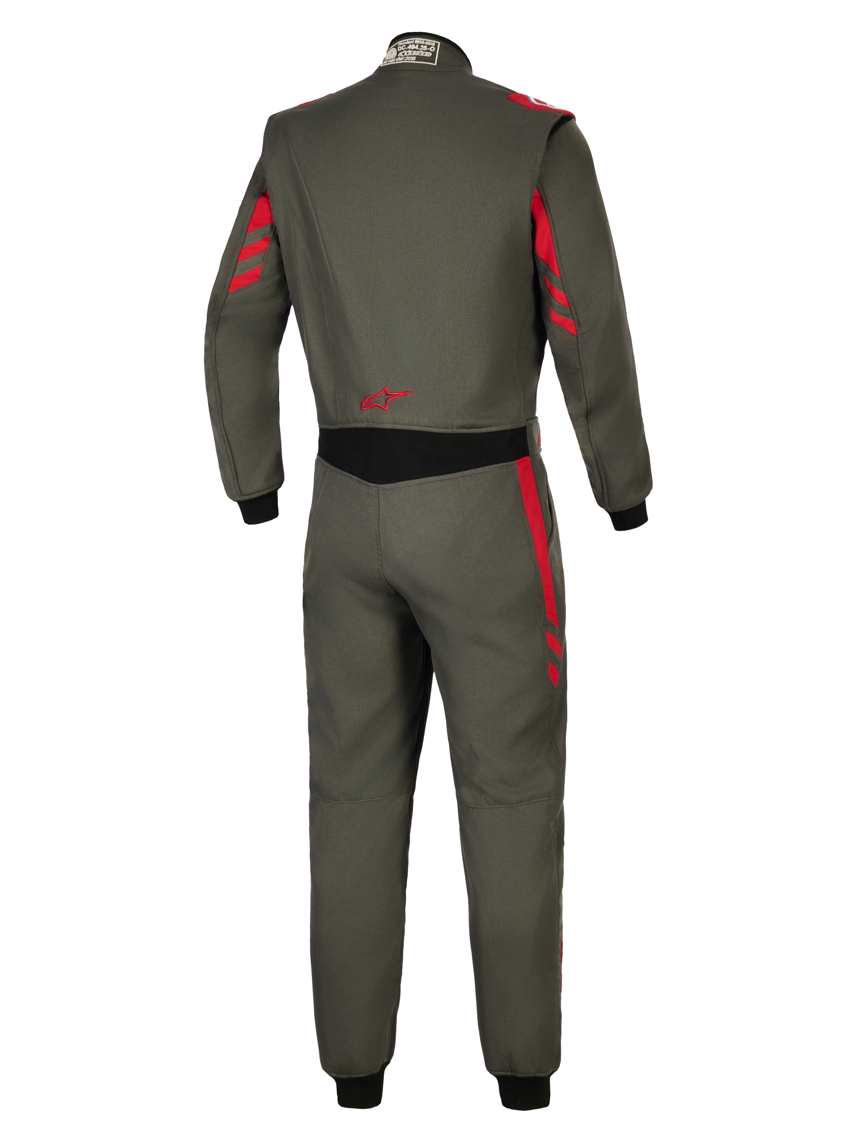Alpinestars GP Race V3 Suit FIA, Auto Racing Suit, Anthracite Red, back view featuring dark grey textile with red stripe accents on shoulders and sleeves, black stretch panel at the waist, red star logo on the lower back, professional motorsport protection