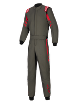 Alpinestars GP Race V3 Suit FIA, Auto Racing Suit, Anthracite with Red accents, featuring red shoulder epaulettes, red stripes on sleeves and legs, black ribbed cuffs, and an adjustable belted waist, professional motorsport gear