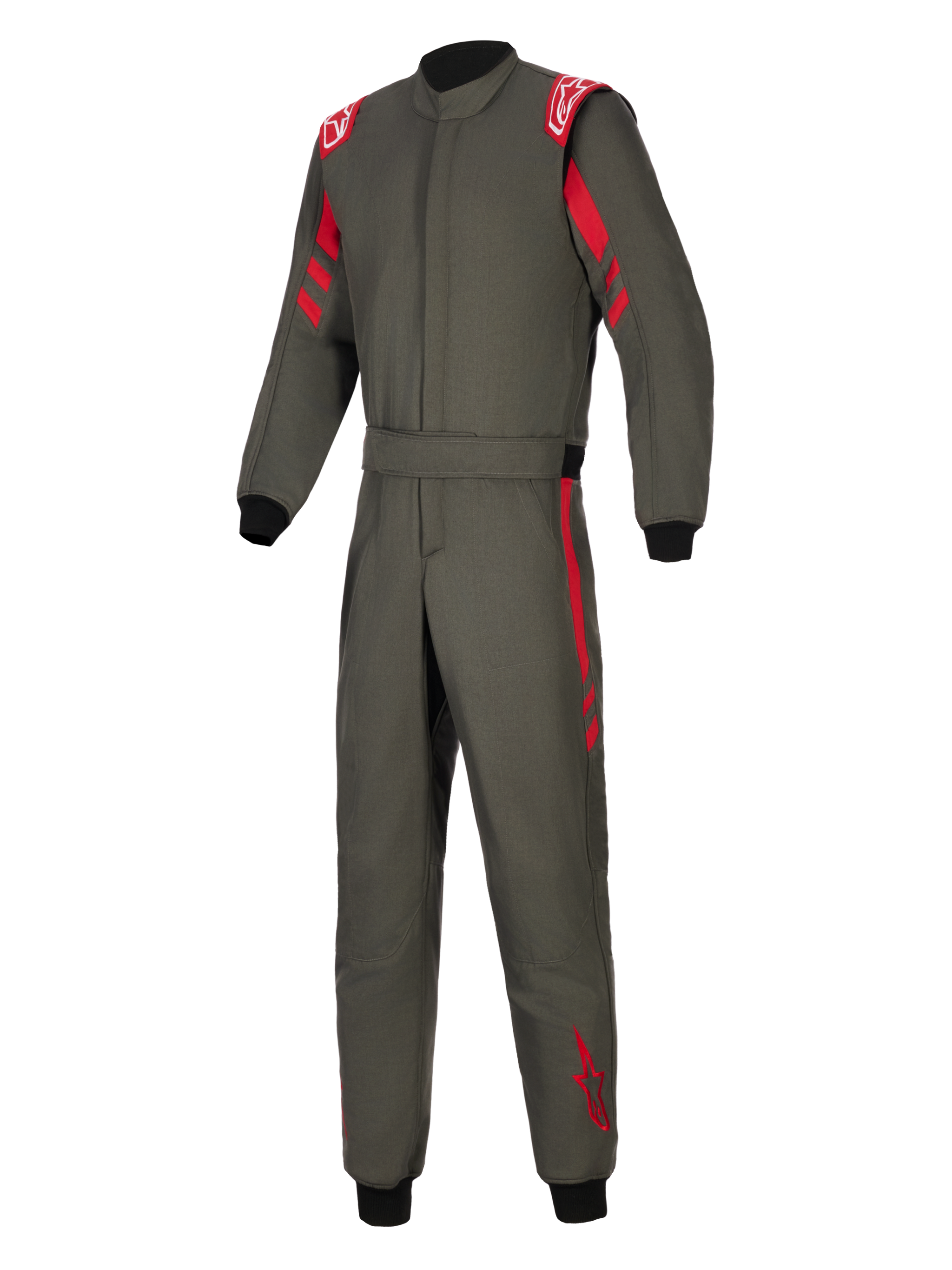 Alpinestars GP Race V3 Suit FIA, Auto Racing Suit, Anthracite with Red accents, featuring red shoulder epaulettes, red stripes on sleeves and legs, black ribbed cuffs, and an adjustable belted waist, professional motorsport gear