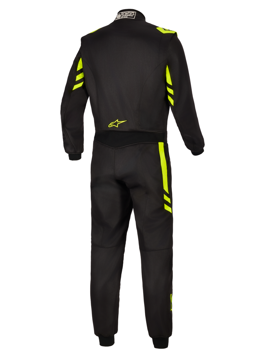 Alpinestars GP Race V3 Suit FIA, Auto Racing Suit, Black and Yellow Fluo, back view showing fluorescent yellow accents on the shoulders and legs, small yellow logo on the lower back, and FIA certification tag on the collar.