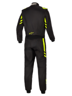 Alpinestars GP Race V3 Suit FIA, Auto Racing Suit, Black and Yellow Fluo, back view showing fluorescent yellow accents on the shoulders and legs, small yellow logo on the lower back, and FIA certification tag on the collar.