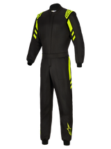 Alpinestars GP Race V3 Suit FIA, Auto Racing Suit, Black and Yellow Fluo, full-length front view with fluorescent yellow detailing on the shoulders, arms, and legs, professional fire-resistant racing suit with Alpinestars branding.