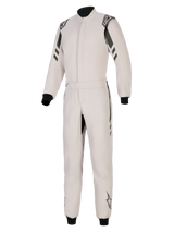 Alpinestars GP Race V3 Suit FIA, Auto Racing Suit, Silver Anthracite, one-piece design with dark anthracite accents on shoulders and legs, features a belted waist, black ribbed cuffs at wrists and ankles, and Alpinestars branding on epaulettes and lower legs