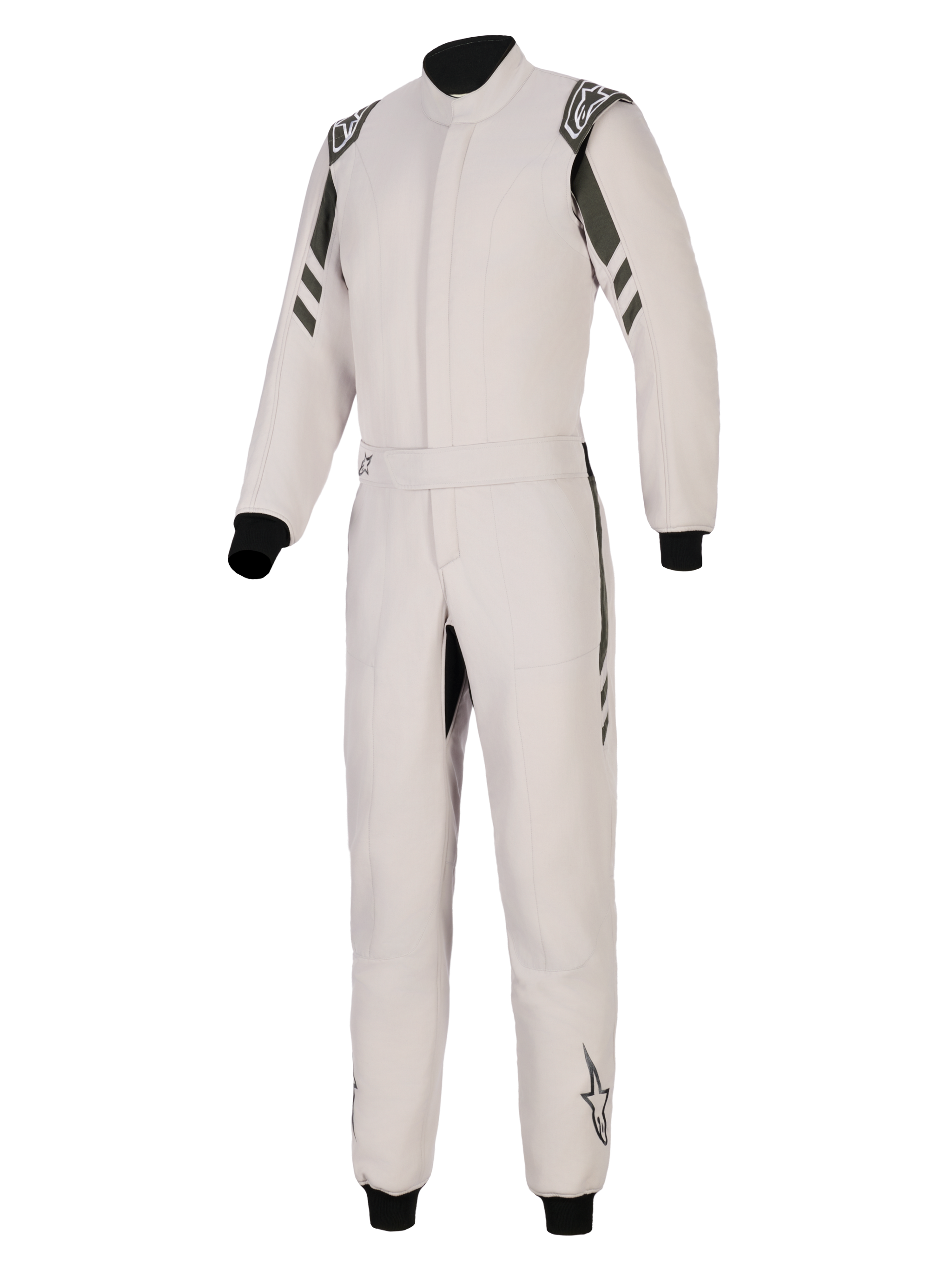Alpinestars GP Race V3 Suit FIA, Auto Racing Suit, Silver Anthracite, one-piece design with dark anthracite accents on shoulders and legs, features a belted waist, black ribbed cuffs at wrists and ankles, and Alpinestars branding on epaulettes and lower legs