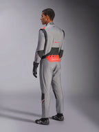 Alpinestars Hypertech V3 Suit in Mid Gray Black Red Fluo, rear three-quarter view, featuring bold red Alpinestars branding on the lower back, black stretch panels, and a sleek athletic fit for professional auto racing.