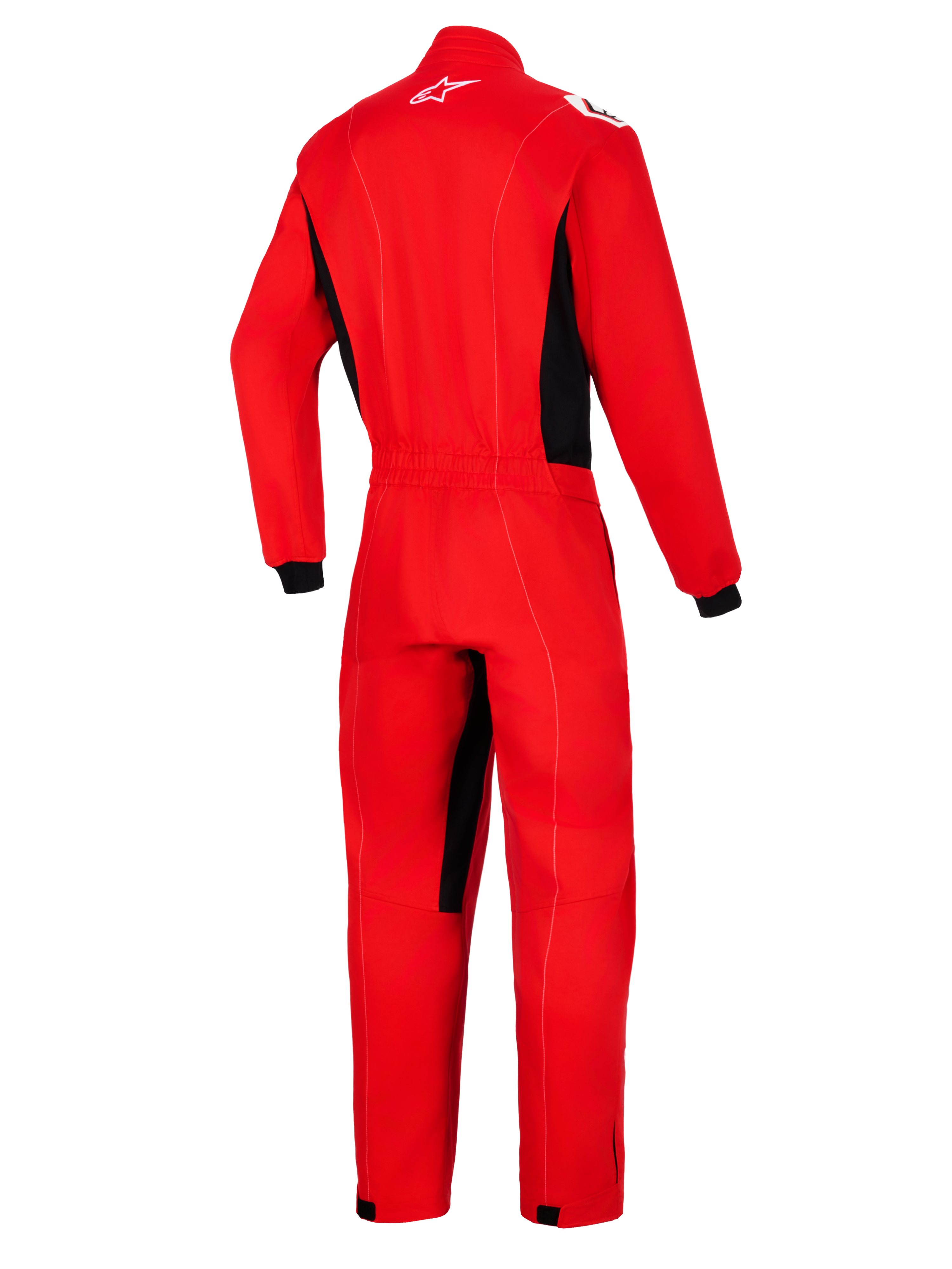 Alpinestars Kart Indoor V2 Suit, Red, Back view of one-piece kart racing suit with black side panels and inner leg accents, featuring a white Astars logo on the back neck and an elasticated waist.