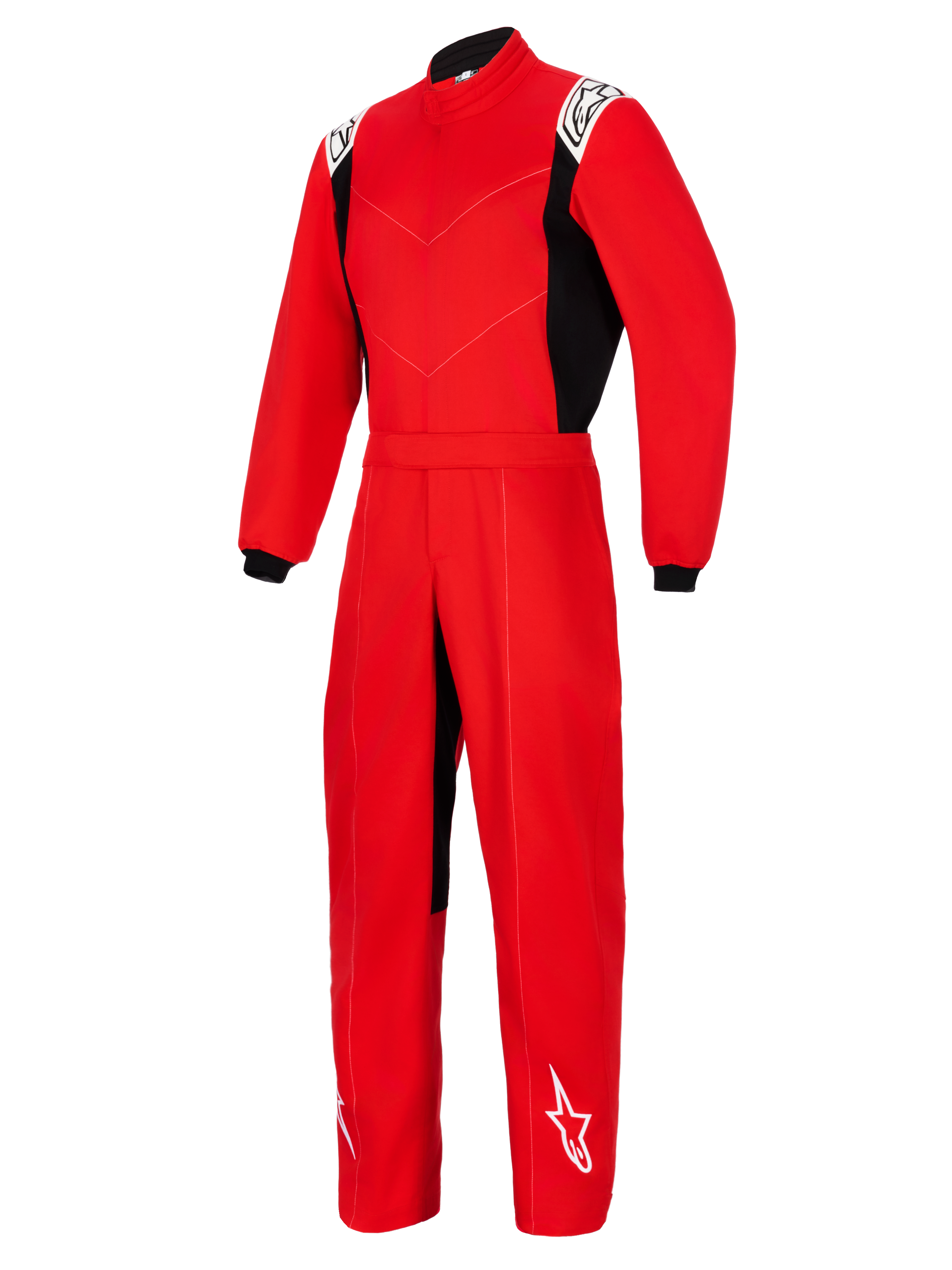 Alpinestars Kart Indoor V2 Suit, Red one-piece karting suit with black side panels, white logos on shoulders and lower leg, featuring a high collar and elastic waist belt, designed for recreational kart racing.
