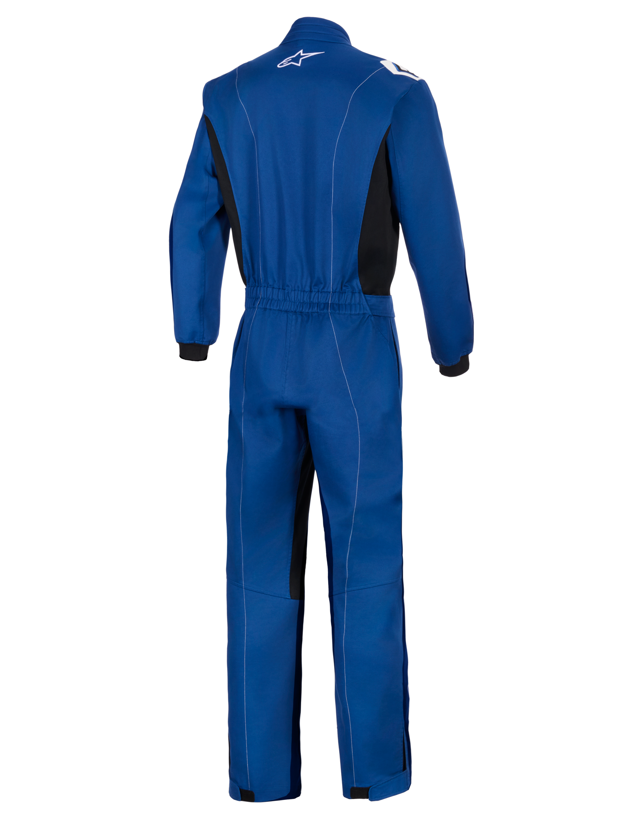 Alpinestars Kart Indoor V2 Suit, Blue, Rear view of a single-layer kart racing suit, featuring an elastic waistband, black side panels, white contrast stitching, and white Alpinestars logo on the collar.