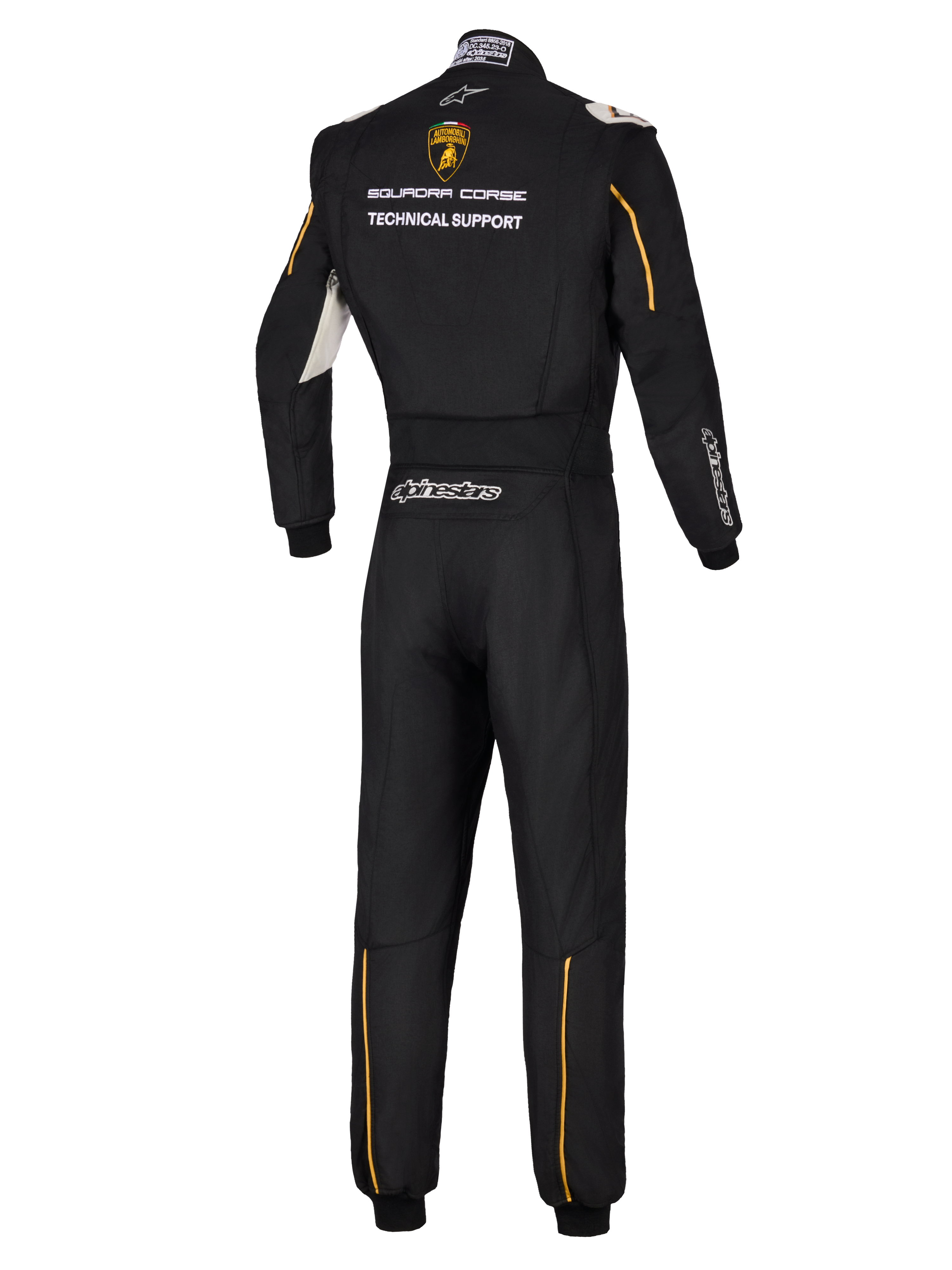 Alpinestars Limited Edition Lamborghini GP Tech V4 Suit FIA, back view of professional black auto racing suit, featuring Lamborghini Squadra Corse logo and Technical Support text, gold accents and silver Alpinestars branding.