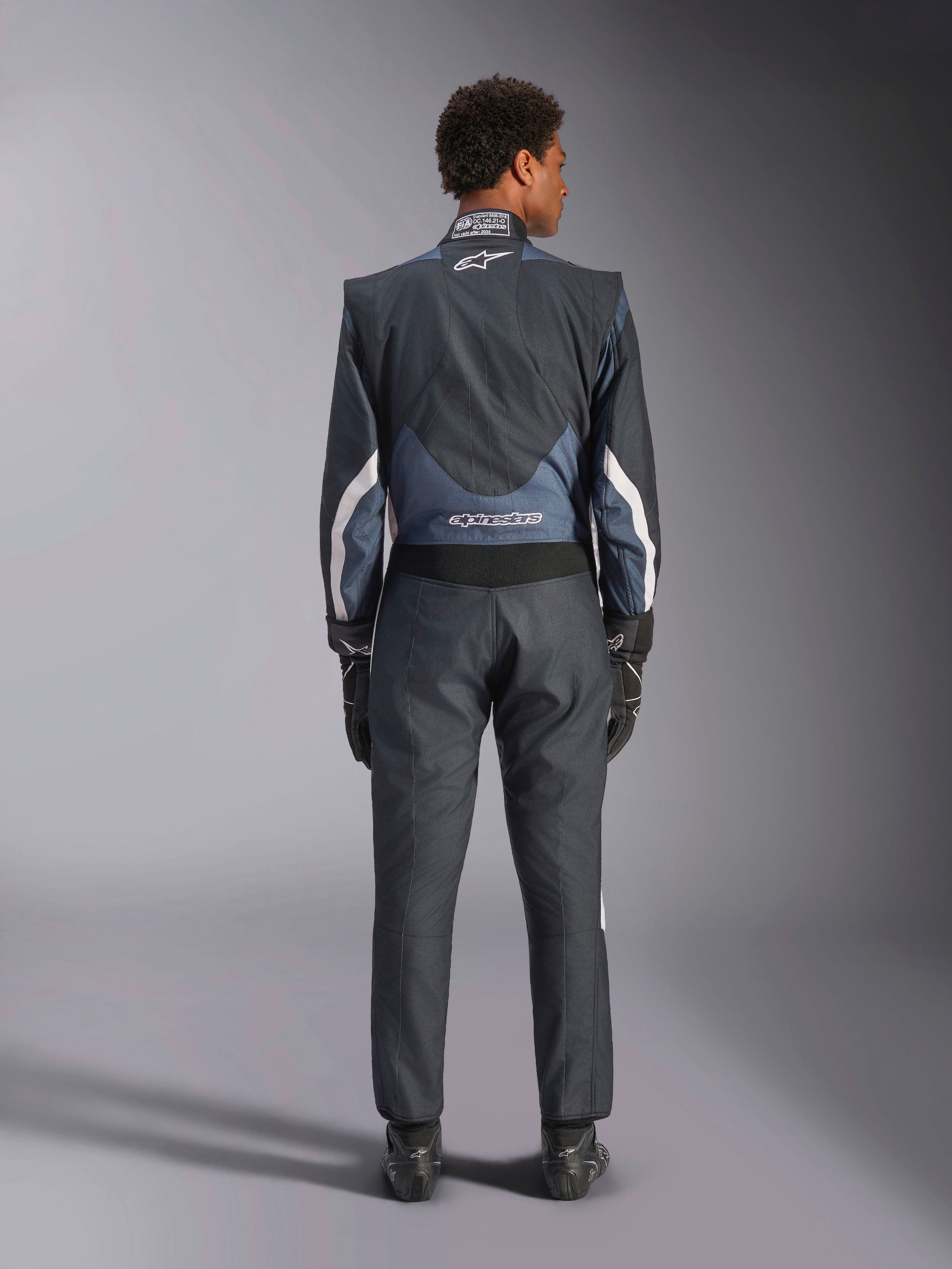 Alpinestars GP Pro Comp V2 Suit, auto racing, Men, Black and Asphalt White, fireproof aramidic, FIA certified, back view.