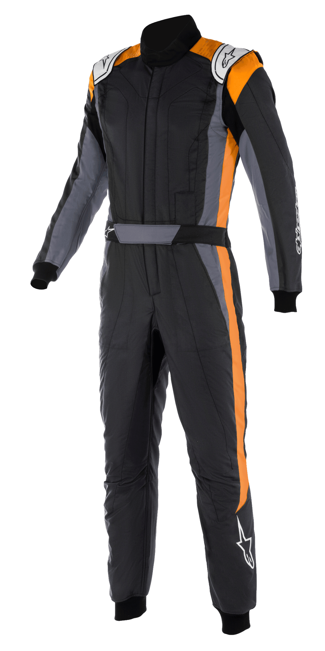 Alpinestars GP Pro Comp V2 FIA Suit, one-piece auto racing suit, Black Asphalt Orange Fluo, featuring grey side panels and bright orange vertical accents, white Alpinestars logos on shoulders and lower leg, professional motorsport design.