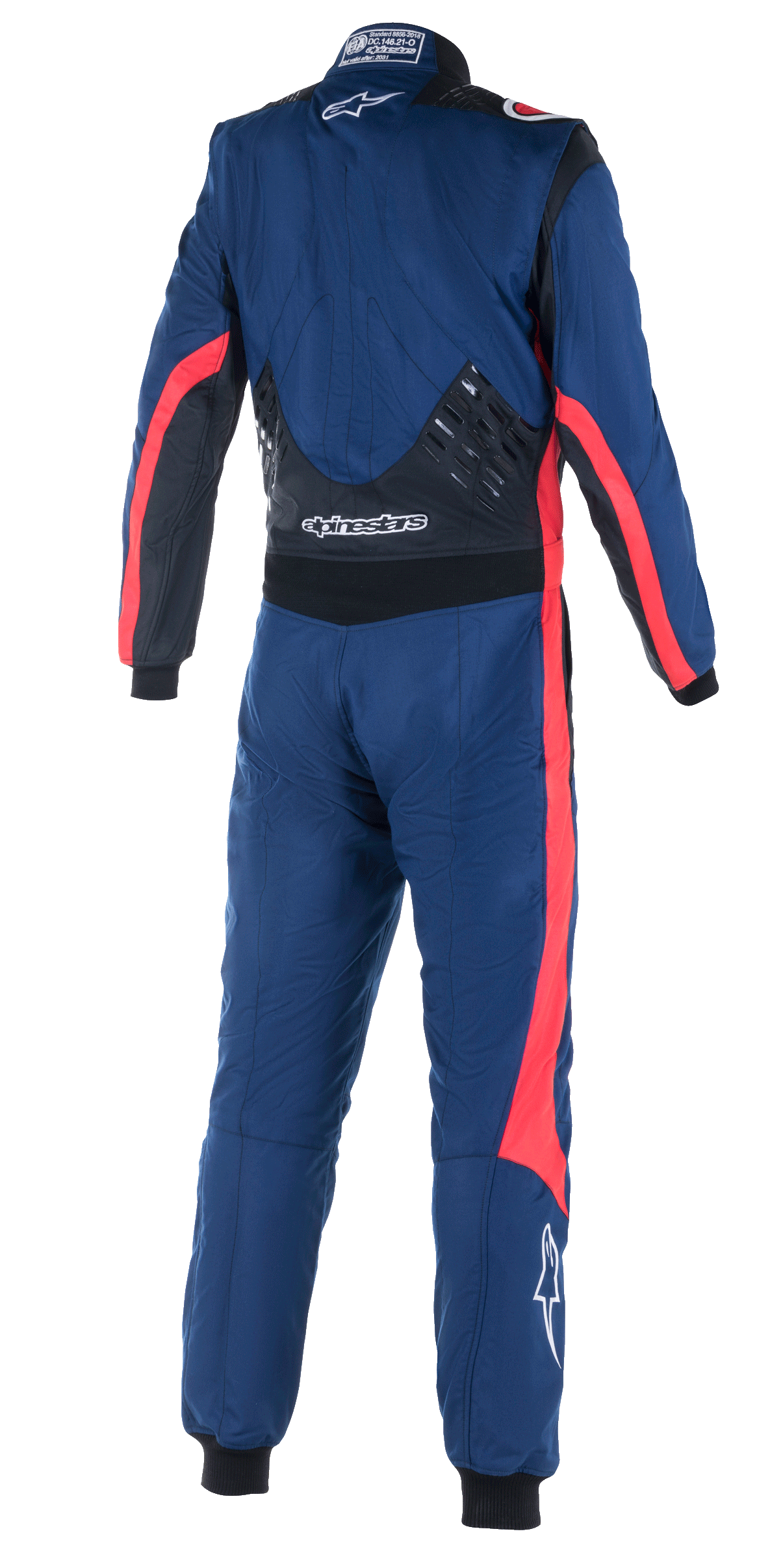 Alpinestars GP Pro Comp V2 FIA Suit, Rear view of one-piece auto racing suit, Navy Blue with Black and Red accents, featuring silicon grip panels on the lower back, red racing stripes on sleeves and legs, and white Alpinestars branding, professional performance gear