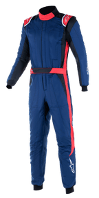 Alpinestars GP Pro Comp V2 FIA Suit, professional one-piece auto racing suit, navy blue with red and black accents, featuring red shoulder epaulettes, high collar, and a red stripe down the leg, motorsport protection gear