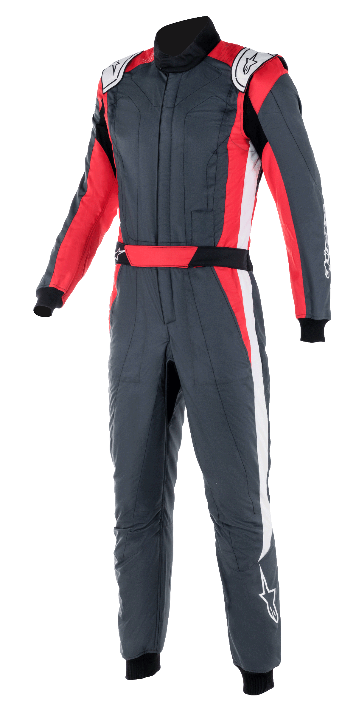 Alpinestars GP Pro Comp V2 FIA Suit, Auto Racing Suit, Asphalt Gray with Red and White accents, featuring a high collar, integrated red waist belt, and white side stripes, professional motorsport protective gear