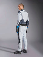 Alpinestars GP Pro Comp V2 FIA Suit in Silver and Blue, Men’s Auto Racing gear with rear stretch panels.