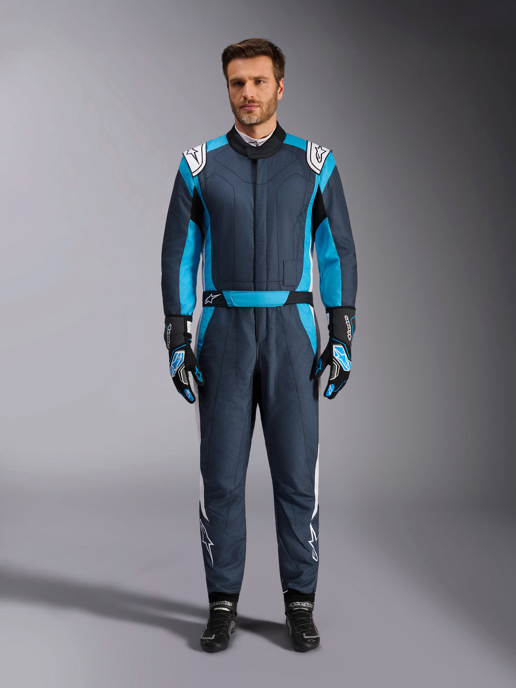Alpinestars GP Pro Comp V2 Suit, FIA Certified Auto Racing Suit, Men's, Asphalt and Cyan Blue with white accents.