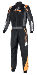 Alpinestars Atom FIA Graphic Suit, Black and Anthracite with Orange Fluo accents, one-piece FIA-certified auto racing suit, high collar, ASTARS branding on sleeves, professional motorsport and track competition gear