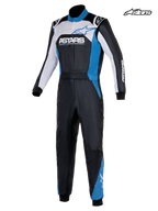 Alpinestars Atom Graphic 4 Suit - FIA, men's auto racing suit in black, silver, and blue, front view showing two-layer aramidic construction and FIA 8856-2018 certification