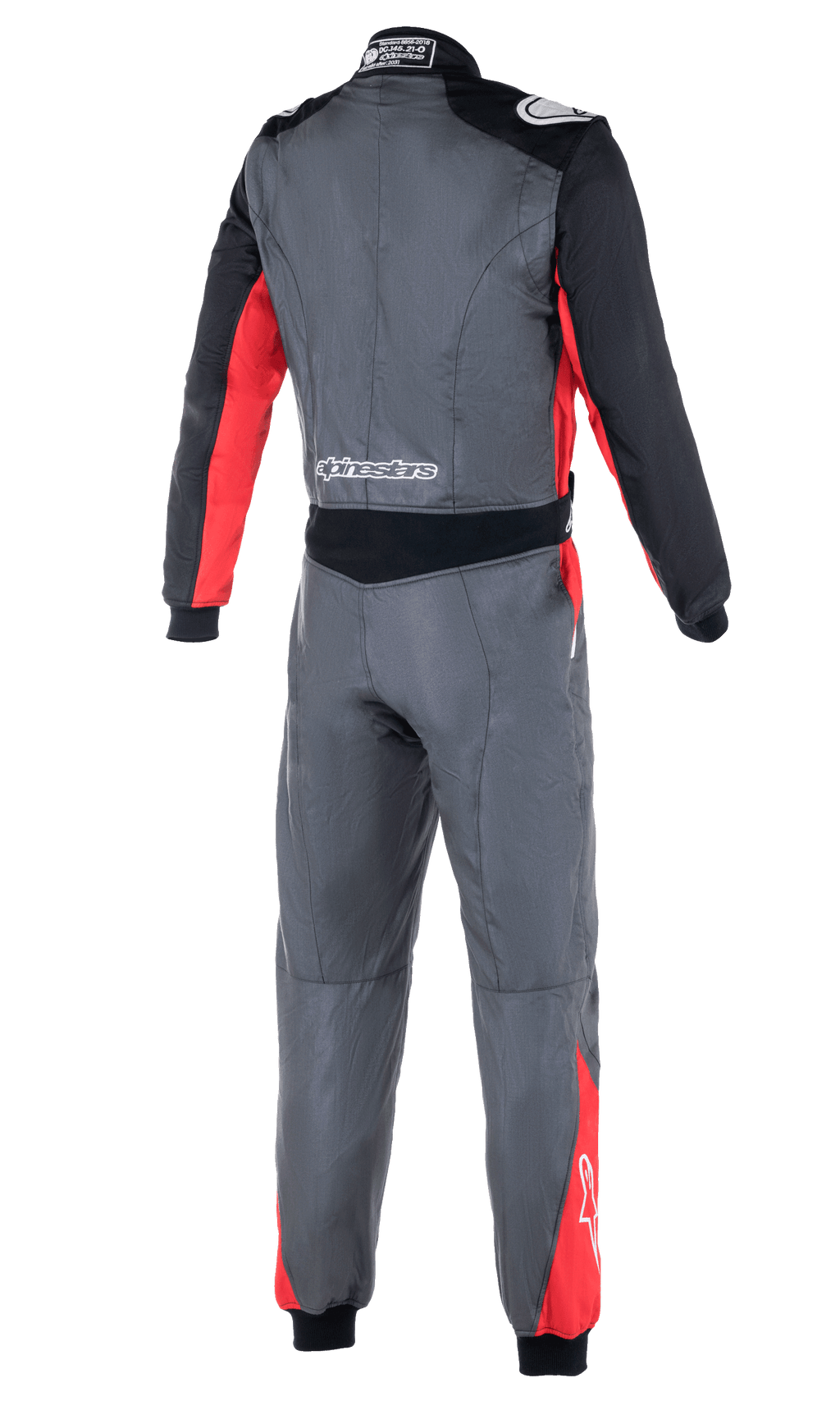 Alpinestars Atom FIA Suit, Auto Racing Suit, Anthracite Red and Black, back view showing stretch waist panels, shoulder epaulettes, and Alpinestars branding on the lower back and shoulders.