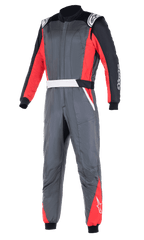 Alpinestars Atom FIA Suit, Professional Auto Racing Suit, Anthracite Gray with Red and Black Panels, featuring white shoulder epaulettes and logo branding, two-layer construction for heat and flame protection