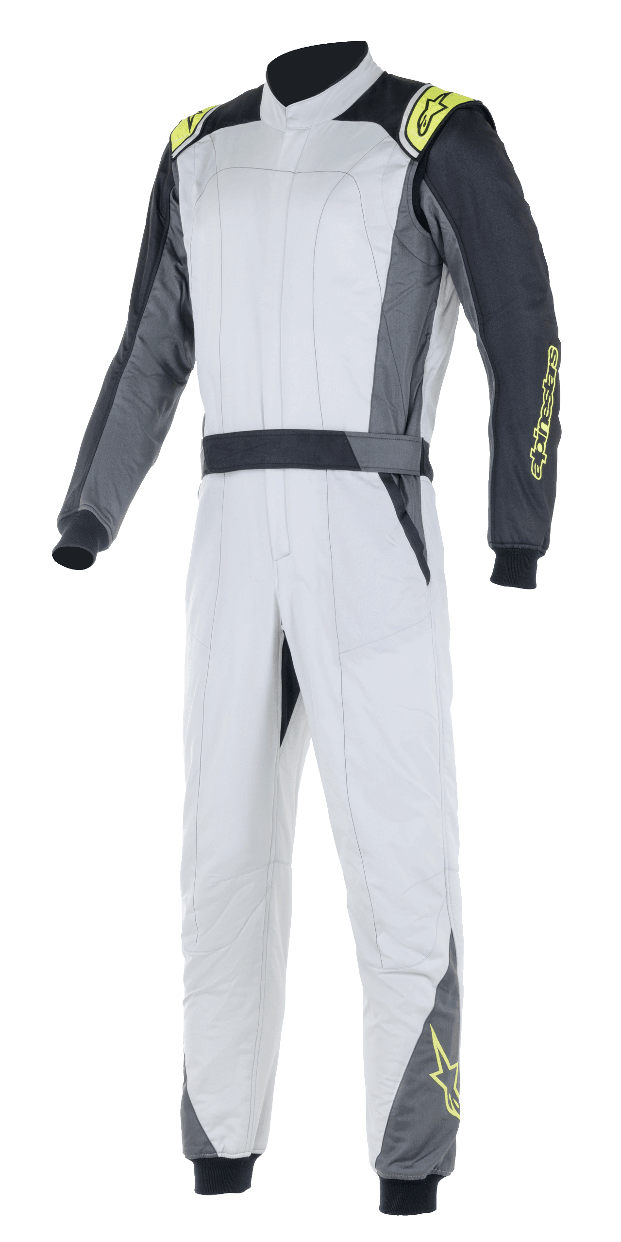 Alpinestars Atom FIA Suit, Auto Racing Suit, Silver and Anthracite with Yellow Fluo accents, one-piece design featuring a high collar and elasticized cuffs, professional protective apparel for automotive racing