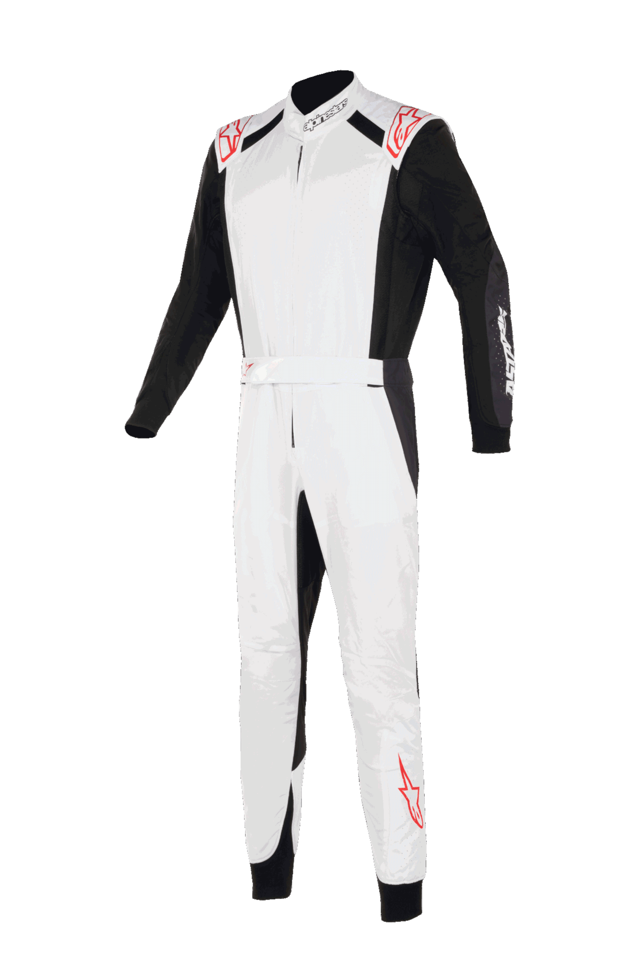 Alpinestars KMX-5 V3 Suit, Karting Suit, White Black and Bright Red, front view, featuring white chest and legs with black sleeves and side panels, red star logos on shoulders and lower leg, professional racing design for karting.