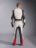Alpinestars GP Tech V4 Suit, Auto Racing Suit, White Black and Red, back view of driver wearing the one-piece suit, featuring black stretch panels on the sides and shoulders, red accents on the lower legs, Alpinestars branding on the lower back and collar, professional FIA-certified motorsport gear