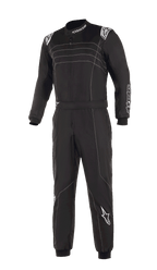 Alpinestars KMX-9 V3 Suit, Black and White Karting Suit, featuring white contrast stitching and logos, one-piece construction with adjustable waist belt, knitted cuffs, professional motorsport appearance