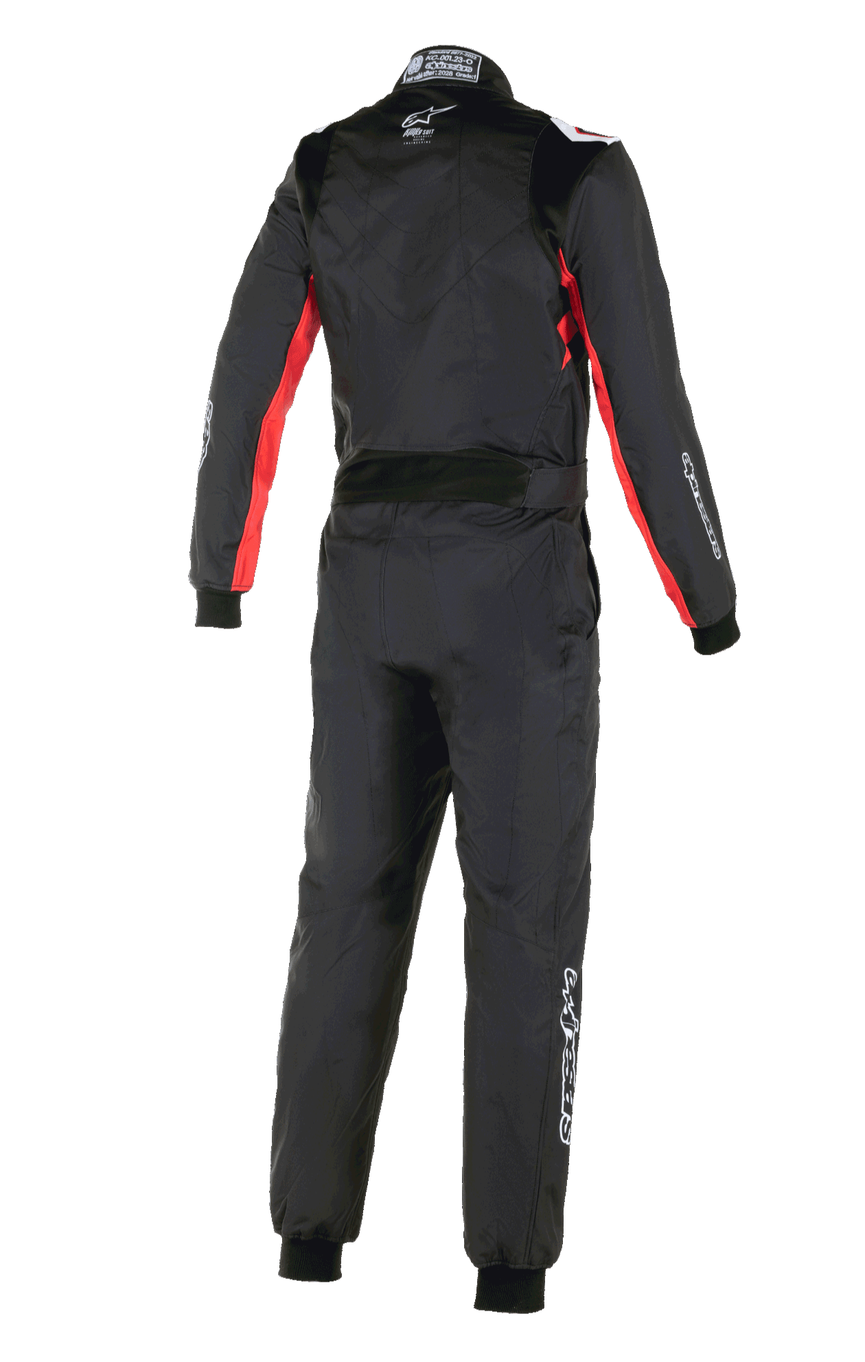 Alpinestars KMX-9 V3 Graphic 3 Suit, Karting Suit, Black and Red, rear view showing red accents on sleeves and sides, white Alpinestars logo on the back neck, and white branding on the leg, professional one-piece racing suit