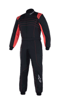 Alpinestars Youth KMX-9 V3 Suit, Karting Racing Suit, Black and Red Fluo, one-piece design with red shoulder accents and stitching, white Alpinestars logos, high-collar construction for youth competition