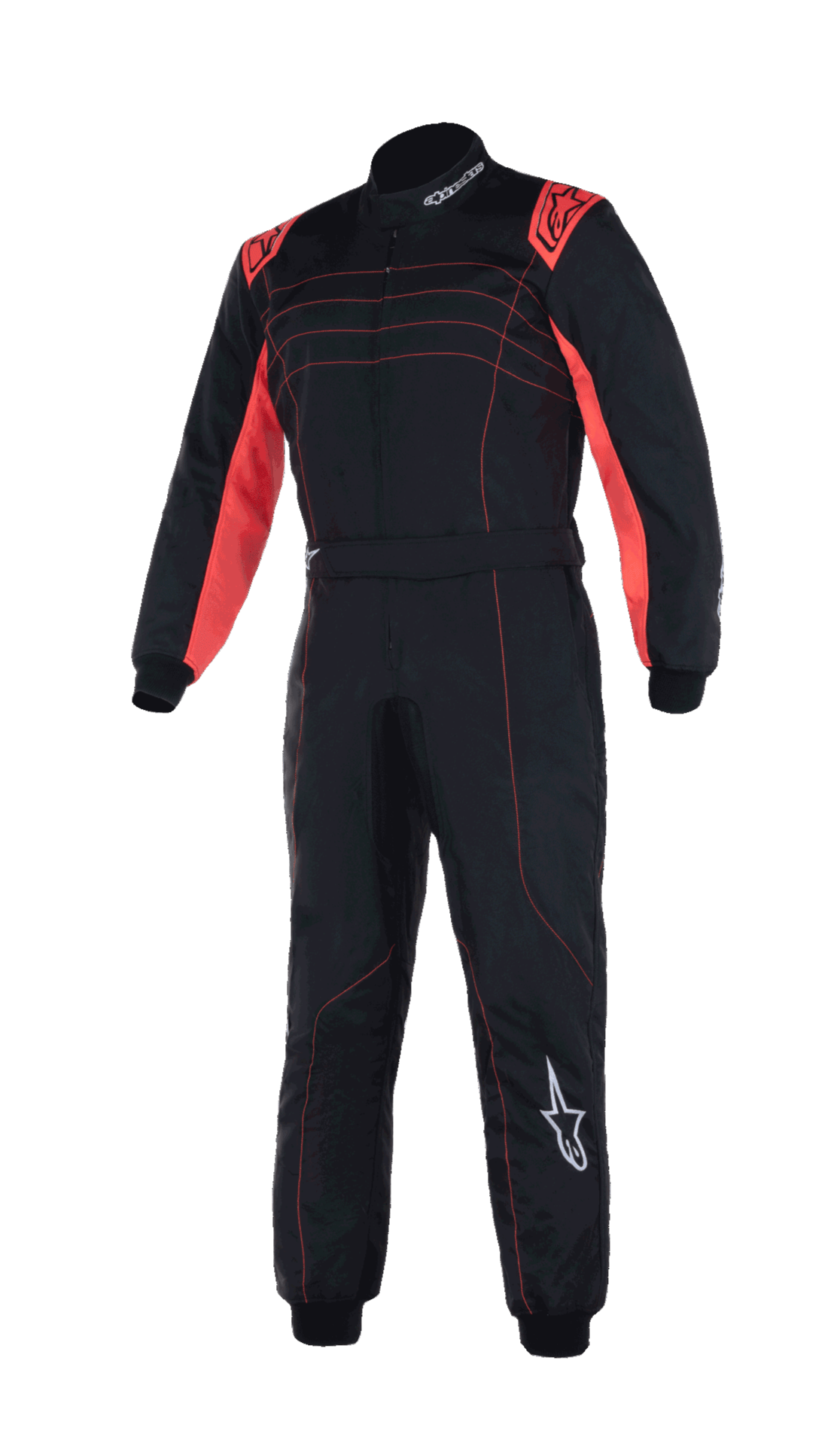 Alpinestars Youth KMX-9 V3 Suit, Karting Racing Suit, Black and Red Fluo, one-piece design with red shoulder accents and stitching, white Alpinestars logos, high-collar construction for youth competition