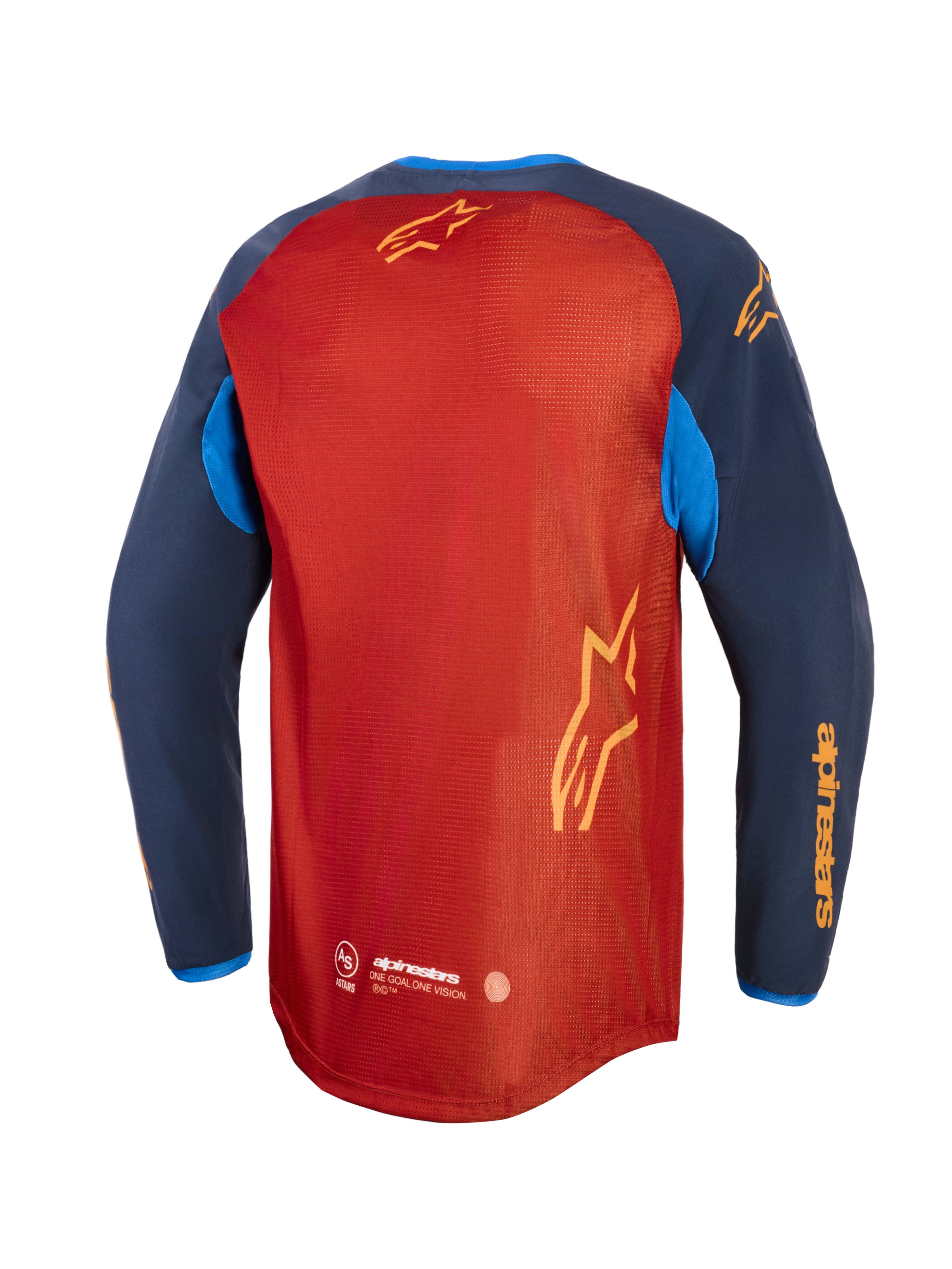 Alpinestars Maxdura Dual Jersey, Adventure Motorcycle Jersey, Rust Brown and Mood Indigo with Bright Blue accents, back view showing full mesh torso, dropped rear hem, and yellow Alpinestars branding on sleeves and back