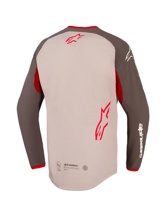 Alpinestars Maxdura Dual Jersey, Rear View, Aluminum and Walnut with red accents, features a dropped rear hem and full mesh torso, red Alpinestars logos on the upper and lower back, white branding on the sleeve, adventure and dual-sport motorcycle apparel