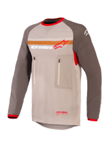 Alpinestars Maxdura Dual Jersey, Adventure and Dual-Sport Motorcycle Jersey, Aluminum Walnut and Brown, mesh torso with abrasion-resistant sleeves, dual zippered chest pockets, orange stripe and Alpinestars logo on chest, red trim on collar and cuffs
