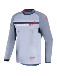 Alpinestars Maxdura Dual Jersey, Adventure Motorcycle Jersey, Mid Gray and Dark Gray, front view featuring vertical zippered chest pockets, abrasion-resistant sleeves with integrated padding, and Alpinestars branding in red and white, performance gear for off-road riding