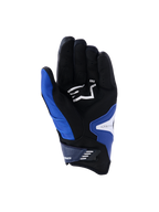 Alpinestars SP-R Pro Gloves, palm view, Bright Blue Navy and White, featuring a black synthetic leather palm with a white Alpinestars logo, short cuff design with a velcro closure strap, and reinforced grip sections.
