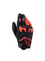 Alpinestars SP-R Tech Gloves, Motorcycle Gloves, Black and Red Fluo, featuring divided TPU knuckle protection and perforated leather panels, short cuff sport riding design with red Astars logo