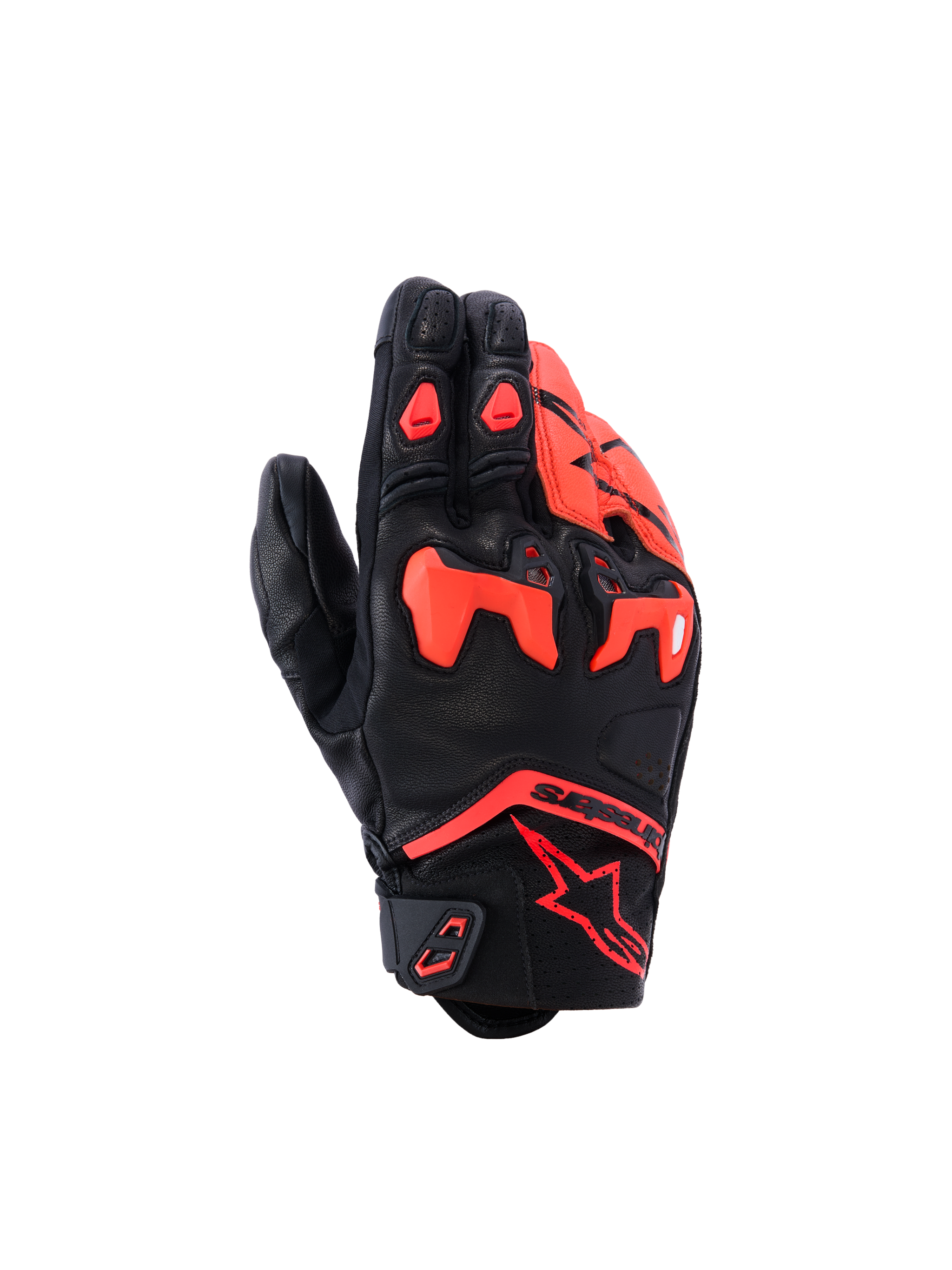 Alpinestars SP-R Tech Gloves, Motorcycle Gloves, Black and Red Fluo, featuring divided TPU knuckle protection and perforated leather panels, short cuff sport riding design with red Astars logo