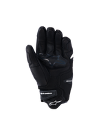 Alpinestars SP-R Tech Gloves, Black leather motorcycle gloves, palm view showing reinforced grip zones and star logo, elasticated wrist with Alpinestars branding, sport riding gear with goat leather construction