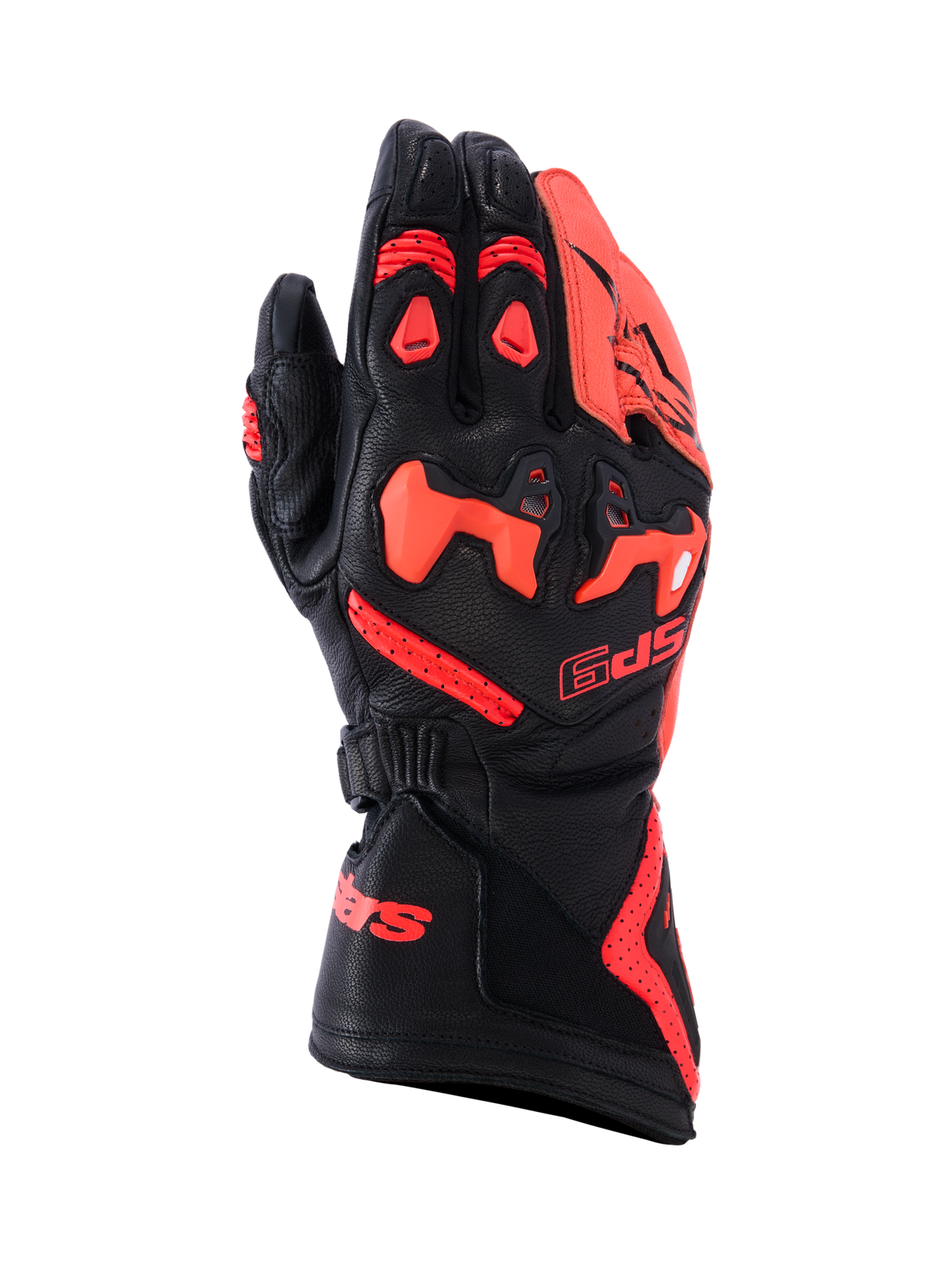 Alpinestars SP-9 Gloves, Racing and Sport Motorcycle Gloves, Black and Red Fluo, full-grain goat leather construction featuring SP-R divided TPU knuckle protection, perforated backhand for airflow, long cuff with bold red branding, high-performance protective gear for sport riding.