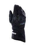 Alpinestars SP-9 Gloves, Black Motorcycle Racing Gloves, full-grain leather with SP-R TPU knuckle protection, long cuff with white Alpinestars branding, perforated details and ergonomic sport design